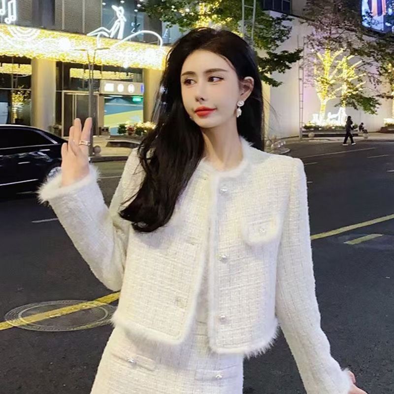 Set: Tweed Faux Pearl Button-Up Jacket + High Rise Mini A-Line Skirt