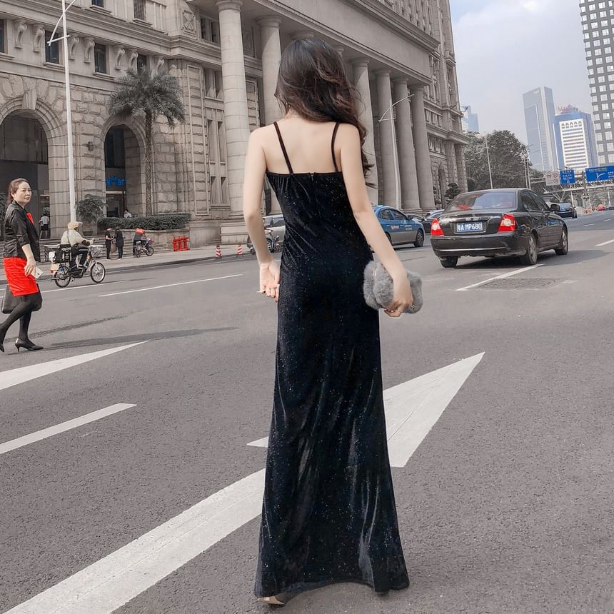 Spaghetti Strap V-Neck Glitter Slit Velvet Sheath Evening Dress