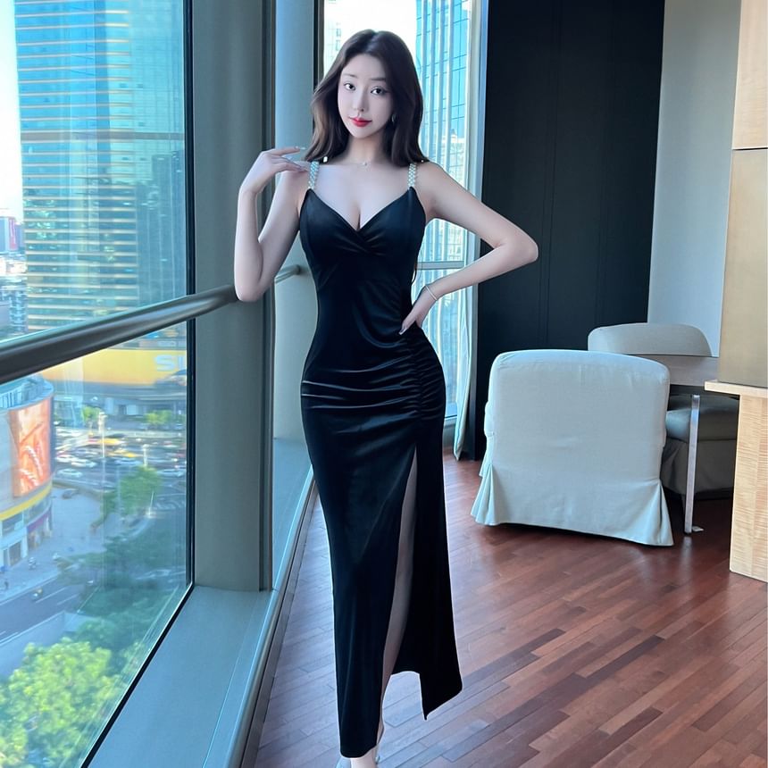 Faux Pearl Strap V-Neck Ruched Slit Velvet Maxi Sheath Evening Dress