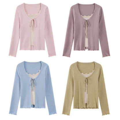 Mock Two-Piece Long-Sleeve Two-Tone Tie-Front Lettuce Edge Cardigan