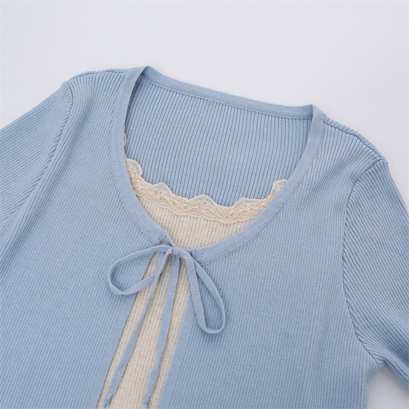 Mock Two-Piece Long-Sleeve Two-Tone Tie-Front Lettuce Edge Cardigan
