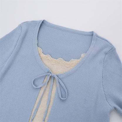 Mock Two-Piece Long-Sleeve Two-Tone Tie-Front Lettuce Edge Cardigan