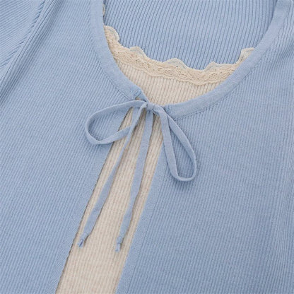 Mock Two-Piece Long-Sleeve Two-Tone Tie-Front Lettuce Edge Cardigan