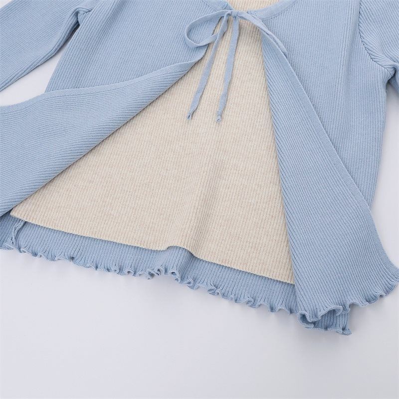 Mock Two-Piece Long-Sleeve Two-Tone Tie-Front Lettuce Edge Cardigan