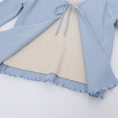 Mock Two-Piece Long-Sleeve Two-Tone Tie-Front Lettuce Edge Cardigan