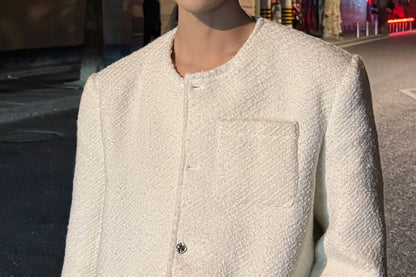 Crewneck Button-Up Tweed Jacket