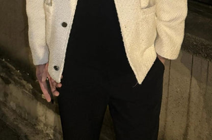 Crewneck Button-Up Tweed Jacket