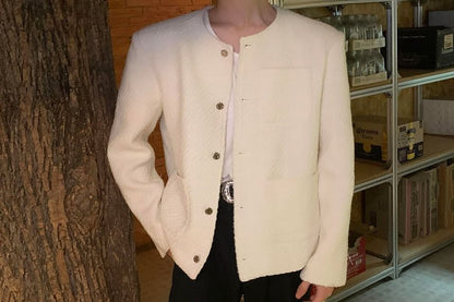 Crewneck Button-Up Tweed Jacket