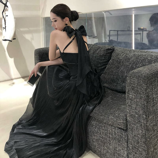 Halter Neck Plain Open Back A-Line Evening Gown