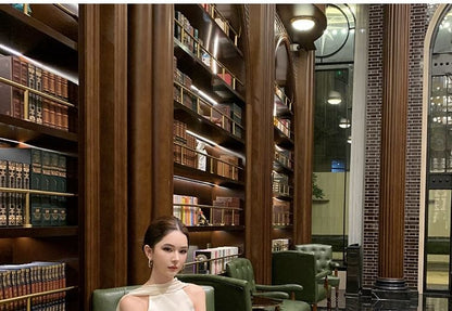 Evening Gown Neck Back A-Line Open Halter Plain