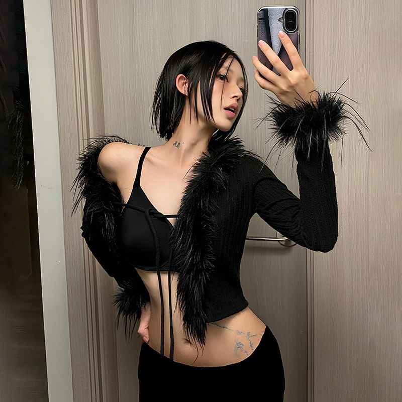 Long Sleeve V-Neck Faux Fur Trim Slim-Fit Crop Cardigan