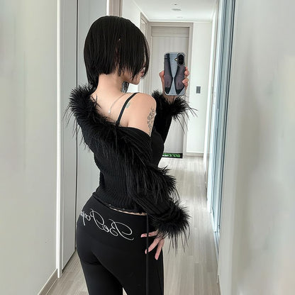 Long Sleeve V-Neck Faux Fur Trim Slim-Fit Crop Cardigan