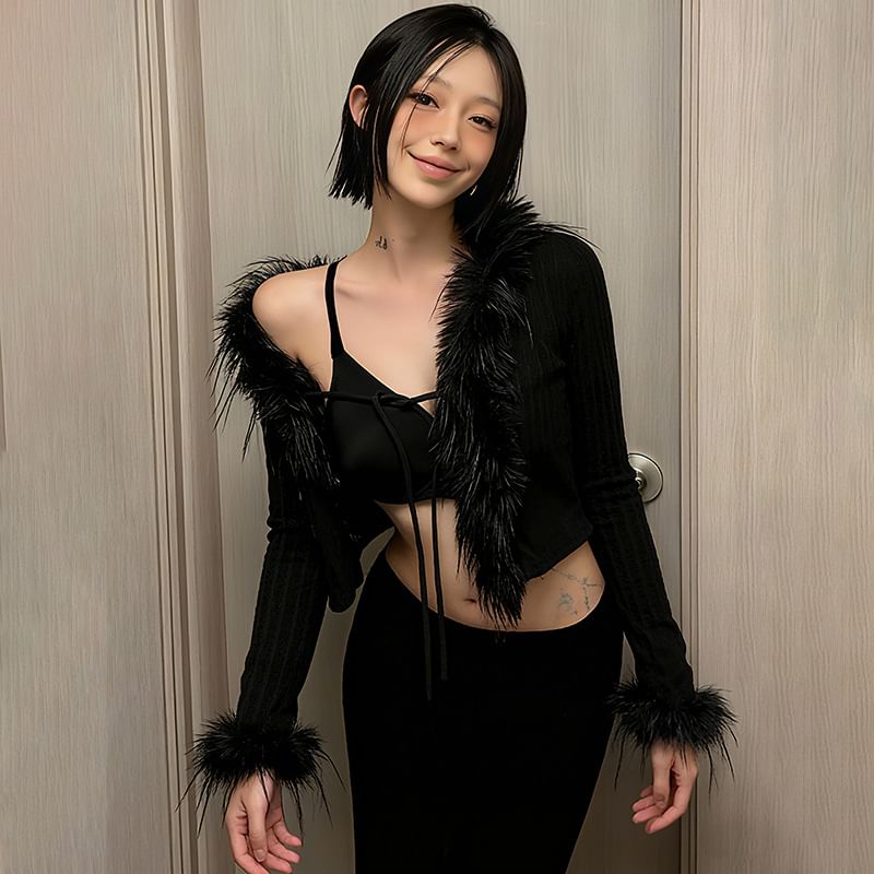 Long Sleeve V-Neck Faux Fur Trim Slim-Fit Crop Cardigan