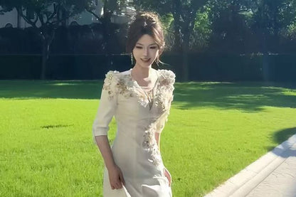 3/4-Sleeve V-Neck Floral Bead A-Line Wedding Gown