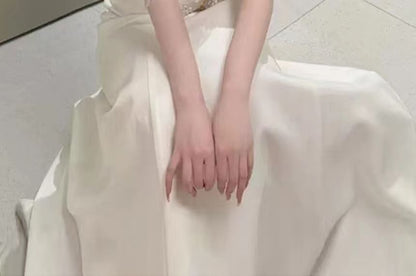 3/4-Sleeve V-Neck Floral Bead A-Line Wedding Gown