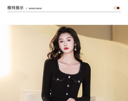 Long-Sleeve Scoop Neck Contrast Trim Peplum Midi Sheath Evening Dress