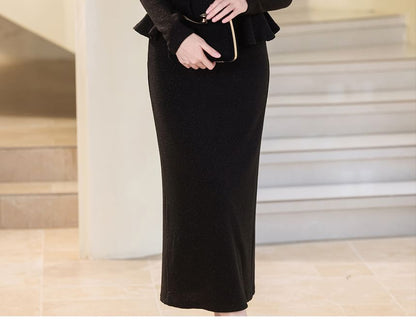 Long-Sleeve Scoop Neck Contrast Trim Peplum Midi Sheath Evening Dress