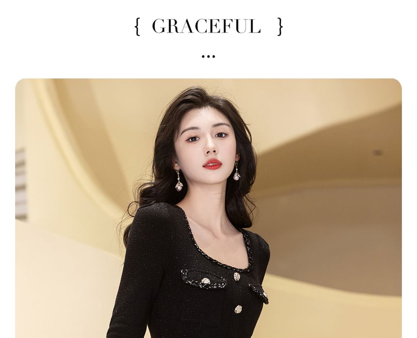 Long-Sleeve Scoop Neck Contrast Trim Peplum Midi Sheath Evening Dress