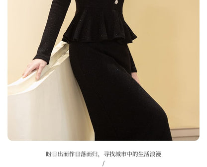Long-Sleeve Scoop Neck Contrast Trim Peplum Midi Sheath Evening Dress