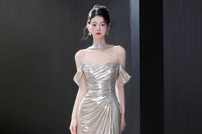 Sleeveless Off-Shoulder Plain Ruched A-Line Evening Gown
