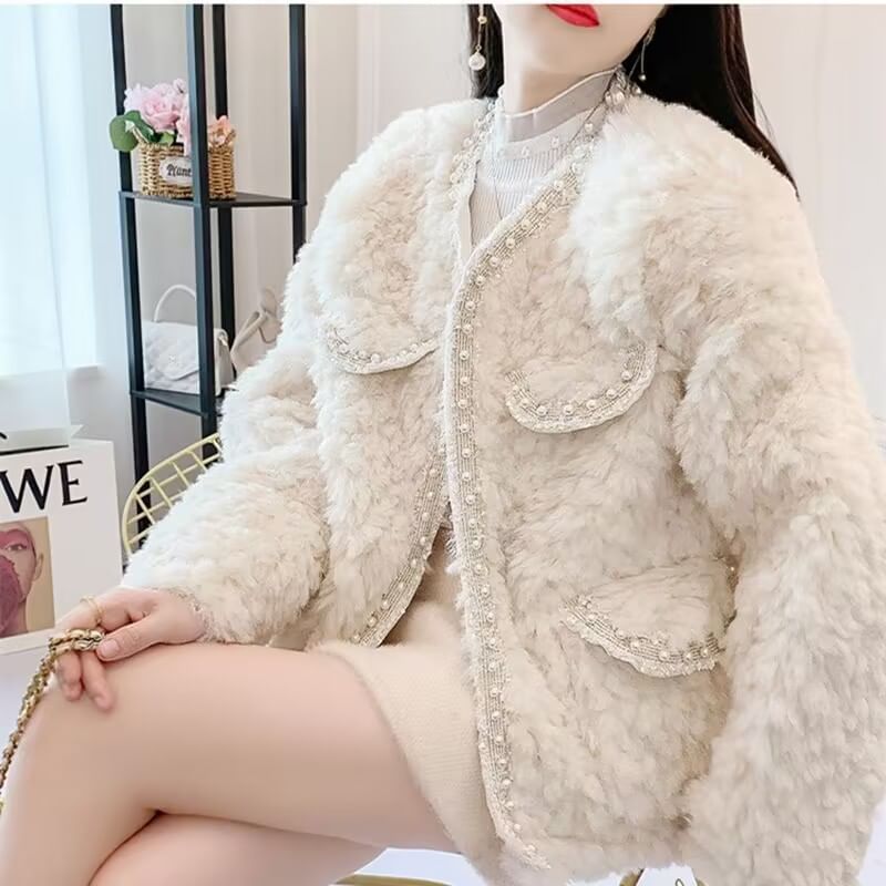 Faux Pearl Trim Fluffy Jacket