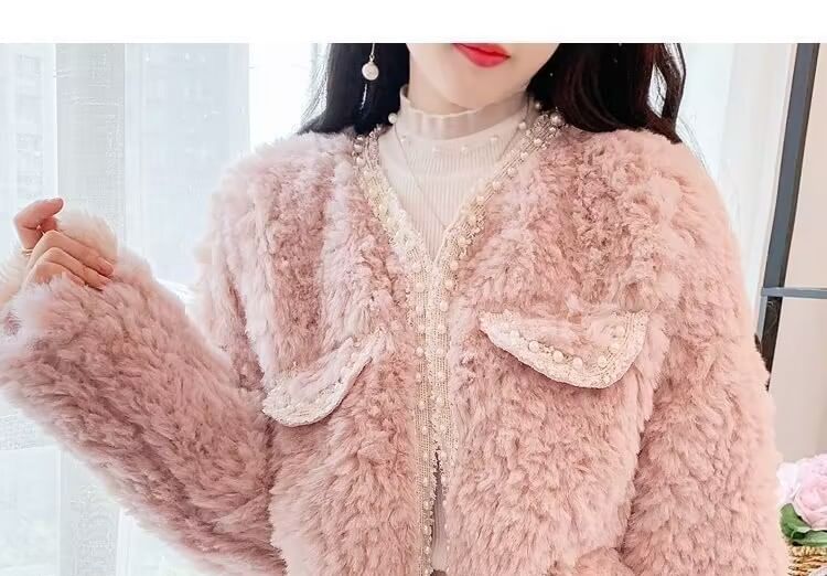 Faux Pearl Trim Fluffy Jacket