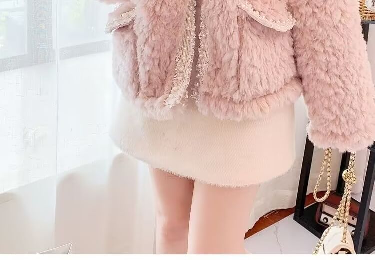 Faux Pearl Trim Fluffy Jacket