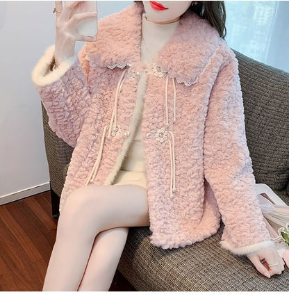 Lace Trim Floral Button-Up Fluffy Jacket