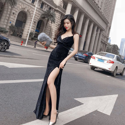 Spaghetti Strap V-Neck Glitter Slit Velvet Sheath Evening Dress