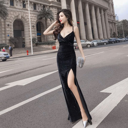 Spaghetti Strap V-Neck Glitter Slit Velvet Sheath Evening Dress