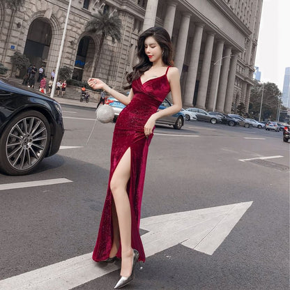 Spaghetti Strap V-Neck Glitter Slit Velvet Sheath Evening Dress