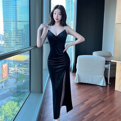 Faux Pearl Strap V-Neck Ruched Slit Velvet Maxi Sheath Evening Dress
