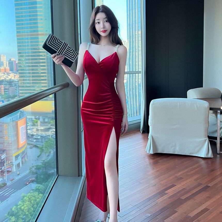 Faux Pearl Strap V-Neck Ruched Slit Velvet Maxi Sheath Evening Dress