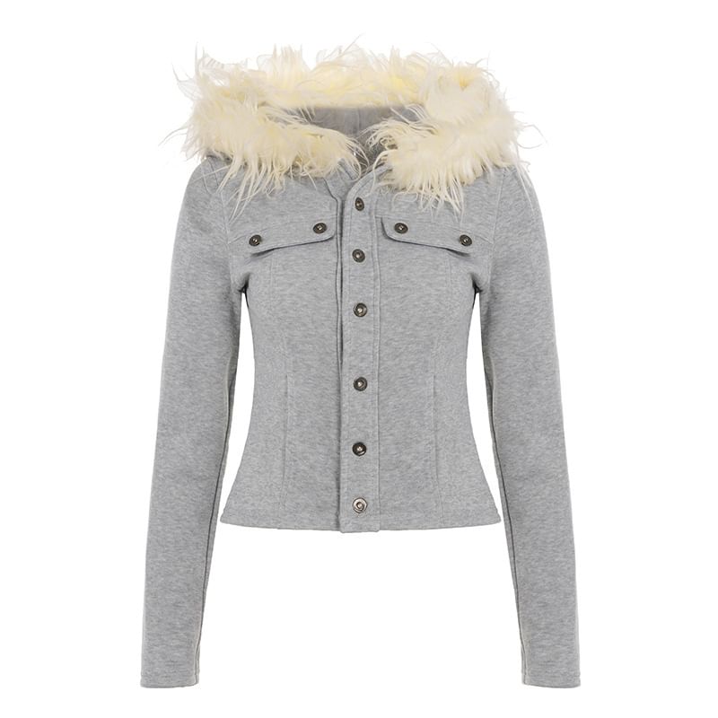 Long Sleeve Plain Button-Up Furry-Trim Hooded Crop Jacket
