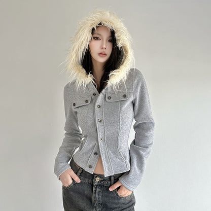 Long Sleeve Plain Button-Up Furry-Trim Hooded Crop Jacket