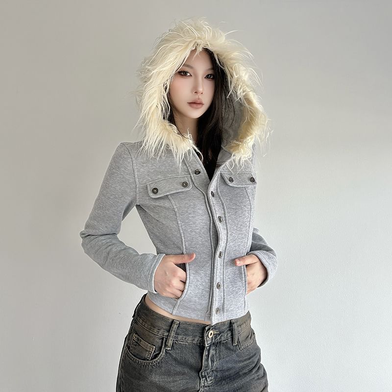 Long Sleeve Plain Button-Up Furry-Trim Hooded Crop Jacket