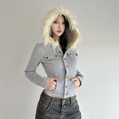 Long Sleeve Plain Button-Up Furry-Trim Hooded Crop Jacket