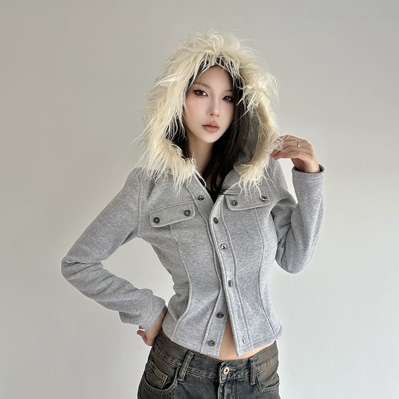 Long Sleeve Plain Button-Up Furry-Trim Hooded Crop Jacket