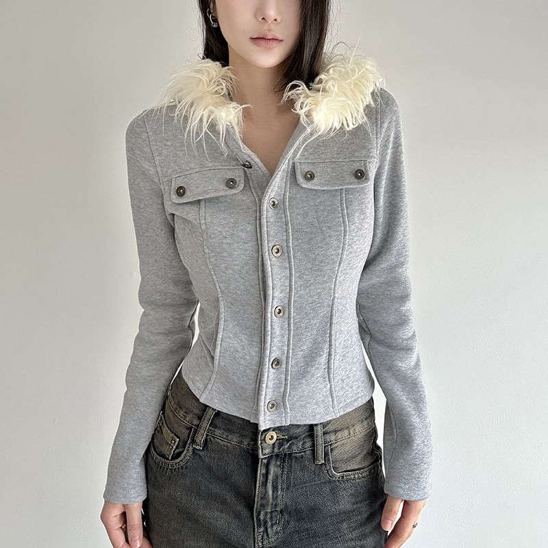 Long Sleeve Plain Button-Up Furry-Trim Hooded Crop Jacket