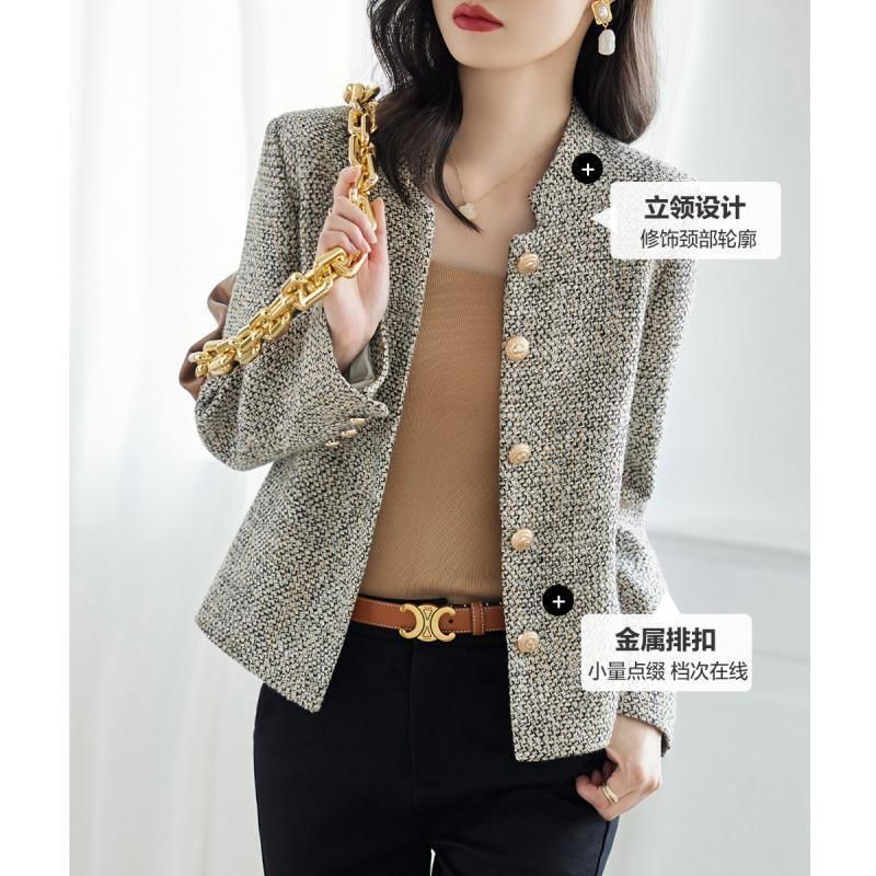 Stand Collar Tweed Button Jacket
