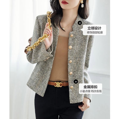 Stand Collar Tweed Button Jacket