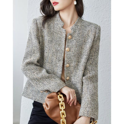 Stand Collar Tweed Button Jacket
