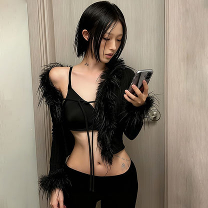 Long Sleeve Faux Fur Trim Cropped Cardigan