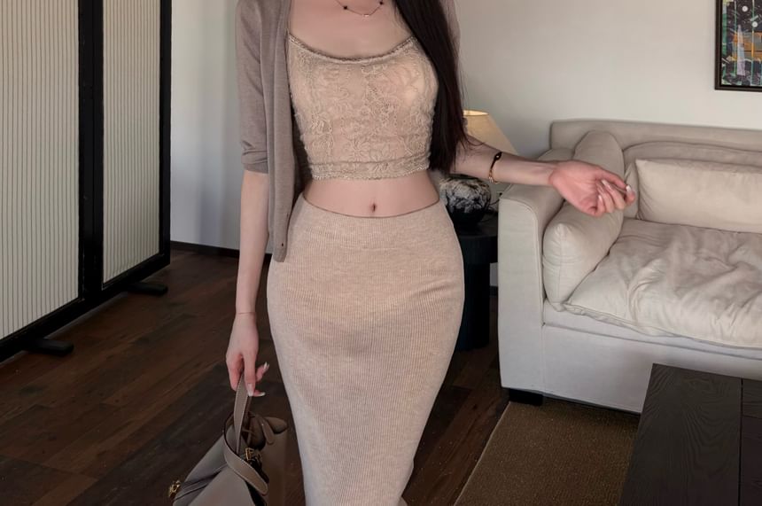 Lace Crop Slim Fit Cami Top / High Waist Ribbed Maxi Pencil Skirt / 3/4-Sleeve Cardigan