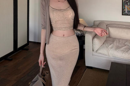 Lace Crop Slim Fit Cami Top / High Waist Ribbed Maxi Pencil Skirt / 3/4-Sleeve Cardigan