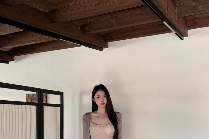 Lace Crop Slim Fit Cami Top / High Waist Ribbed Maxi Pencil Skirt / 3/4-Sleeve Cardigan