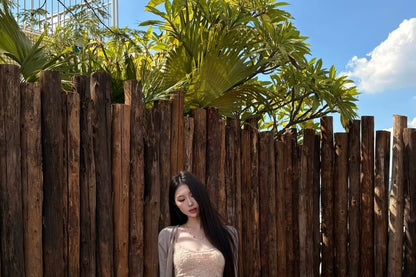 Lace Crop Slim Fit Cami Top / High Waist Ribbed Maxi Pencil Skirt / 3/4-Sleeve Cardigan