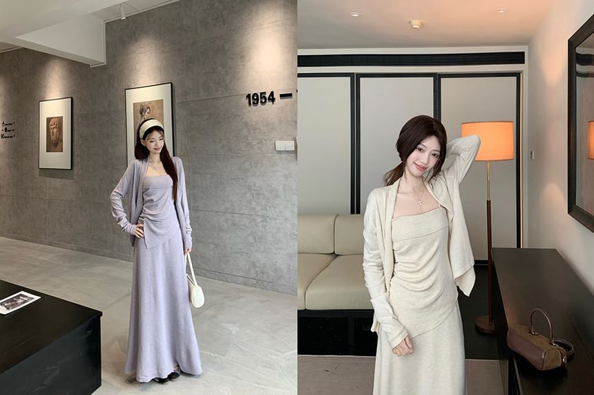 Plain Asymmetrical Slim Fit Cami Top / High Waist Maxi A-Line Skirt / Open Front Cardigan