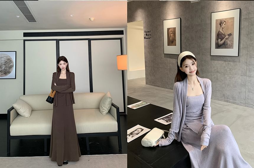 Plain Asymmetrical Slim Fit Cami Top / High Waist Maxi A-Line Skirt / Open Front Cardigan