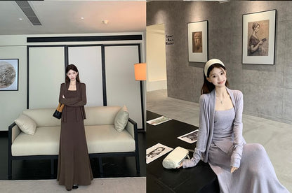 Plain Asymmetrical Slim Fit Cami Top / High Waist Maxi A-Line Skirt / Open Front Cardigan